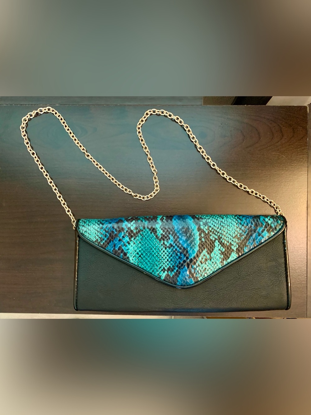 Big Buddha Black Clutch with Turquoise Snake-Print Flap and Gold Chain- NWT